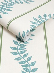Graham & Brown Blue Green Laurel Leaf Print Stripe A4 Wallpaper Sample - Image 3 of 4
