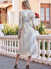 Sosandar Gold Petite Petite Shimmering Metallic Animal Print Wrap Dress - Image 4 of 9