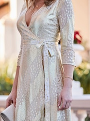 Sosandar Gold Petite Petite Shimmering Metallic Animal Print Wrap Dress - Image 9 of 9