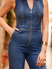 Sosandar Blue Sleeveless Denim Wide Leg Jumpsuit - Image 4 of 5