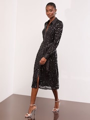 Lipsy Black Petite Sequin Long Sleeve Belted Shirt Dress - Image 1 of 4