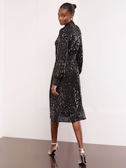 Lipsy Black Petite Sequin Long Sleeve Belted Shirt Dress - Image 2 of 4