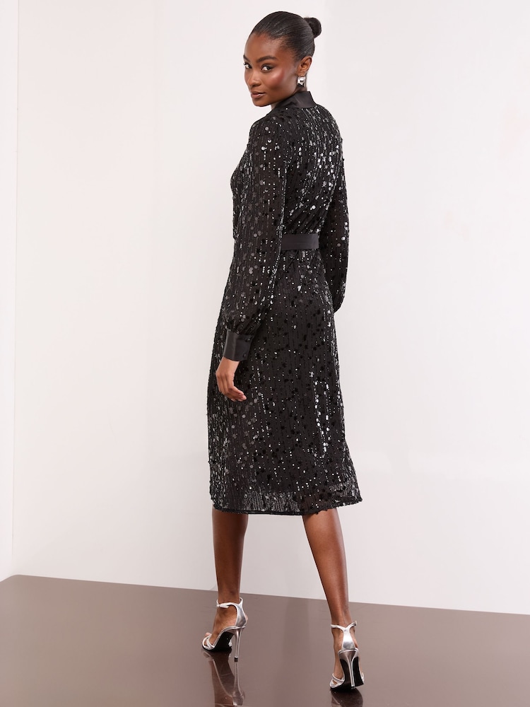 Lipsy Black Petite Sequin Long Sleeve Belted Shirt Dress - Image 2 of 4 Lipsy Black Petite Sequin Long Sleeve Belted Shirt Dress - Image 2 of 4