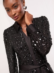 Lipsy Black Petite Sequin Long Sleeve Belted Shirt Dress - Image 4 of 4