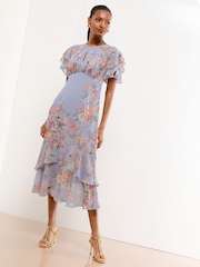 Lipsy Lilac Floral Printed Ruffle Underbust Midi Dress - Image 1 of 3