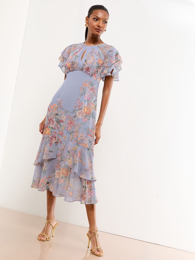 Lipsy Lilac Floral Printed Ruffle Underbust Midi Dress - Image 1 of 3
