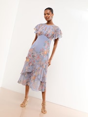 Lipsy Lilac Floral Printed Ruffle Underbust Midi Dress - Image 2 of 3