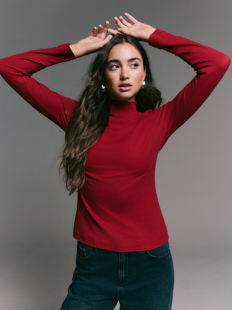 Cherry Red Long Sleeve Ribbed Roll Neck Top - Image 2 of 8