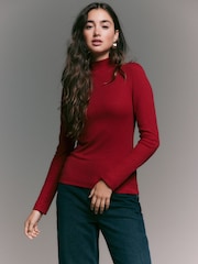 Cherry Red Long Sleeve Ribbed Roll Neck Top - Image 3 of 8