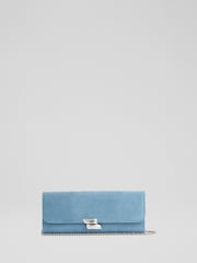 LK Bennett Blue Daisy Powder Suede Curve Flap Clutch Bag - Image 1 of 3