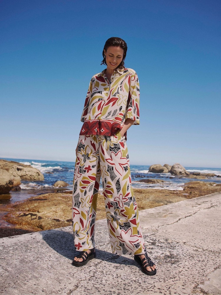 JD Williams Red Stripe Linen Mix Wide Leg Trousers - Image 1 of 4 JD Williams Red Stripe Linen Mix Wide Leg Trousers - Image 1 of 4