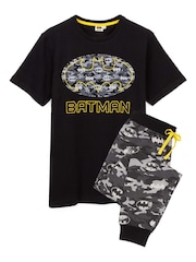 Vanilla Underground Black Mens DC Comics Batman Short Sleeve Long Leg 100% Cotton Pyjamas Set - Image 1 of 6