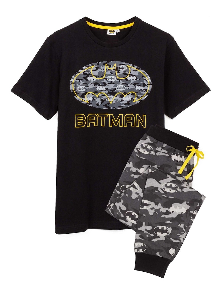 Vanilla Underground Black Mens DC Comics Batman Short Sleeve Long Leg 100% Cotton Pyjamas Set - Image 1 of 6