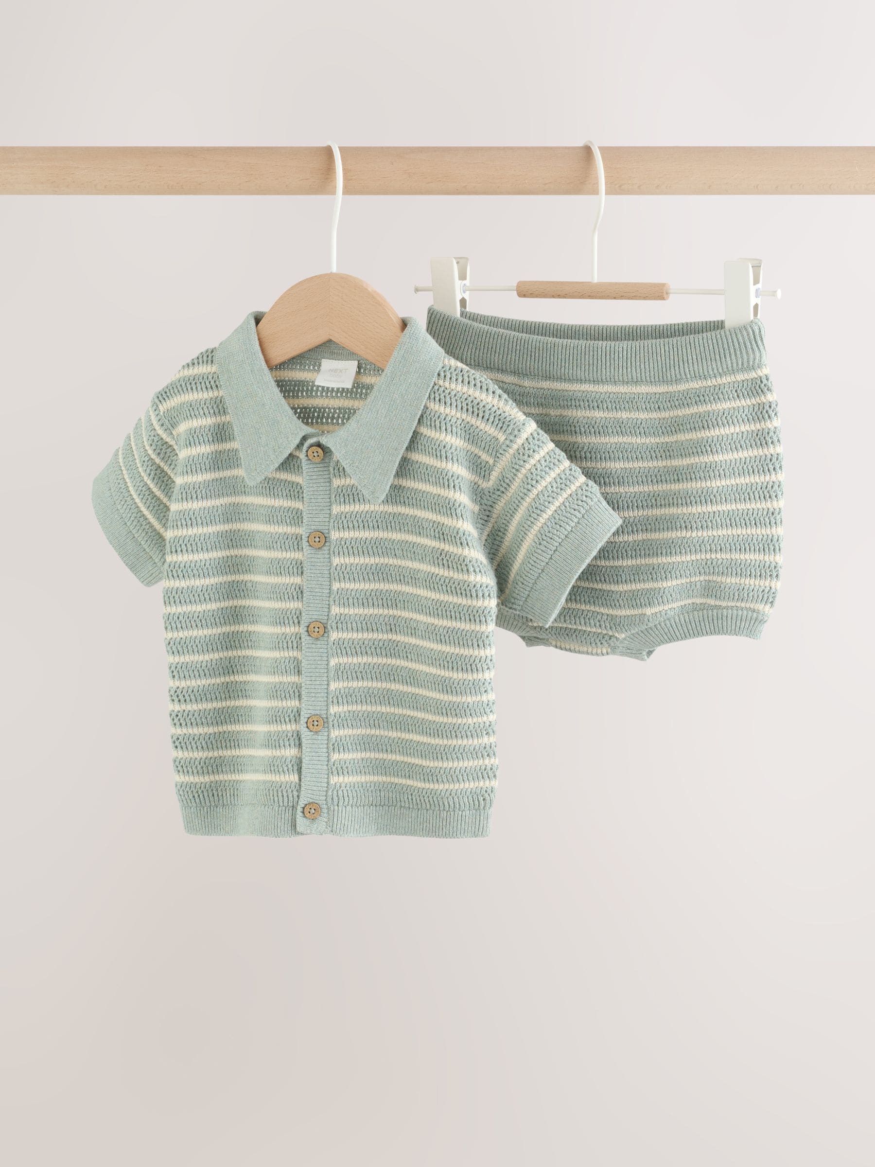 Buy Sage Green Stripe Knitted Top and Shorts Baby Set (0mths-2yrs