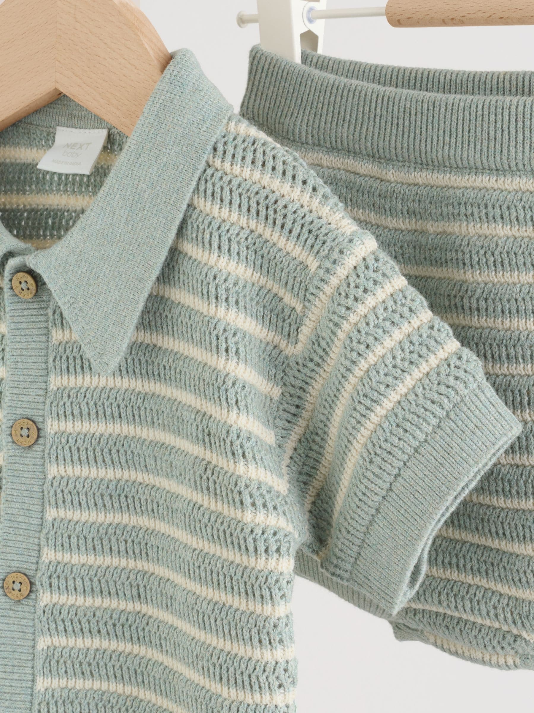 Buy Sage Green Stripe Knitted Top and Shorts Baby Set (0mths-2yrs