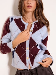 Lipsy Blue and Burgundy Red Check Argyle Print Crew Neck Buttoned Long Sleeve Knitted Cardigan - Image 2 of 4