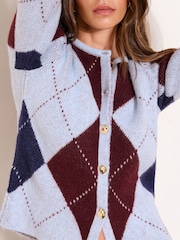 Lipsy Blue and Burgundy Red Check Argyle Print Crew Neck Buttoned Long Sleeve Knitted Cardigan - Image 3 of 4