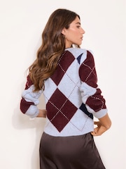 Lipsy Blue and Burgundy Red Check Argyle Print Crew Neck Buttoned Long Sleeve Knitted Cardigan - Image 4 of 4