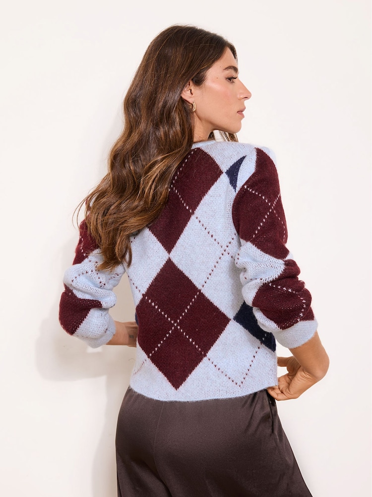 Lipsy Blue and Burgundy Red Check Argyle Print Crew Neck Buttoned Long Sleeve Knitted Cardigan - Image 4 of 4