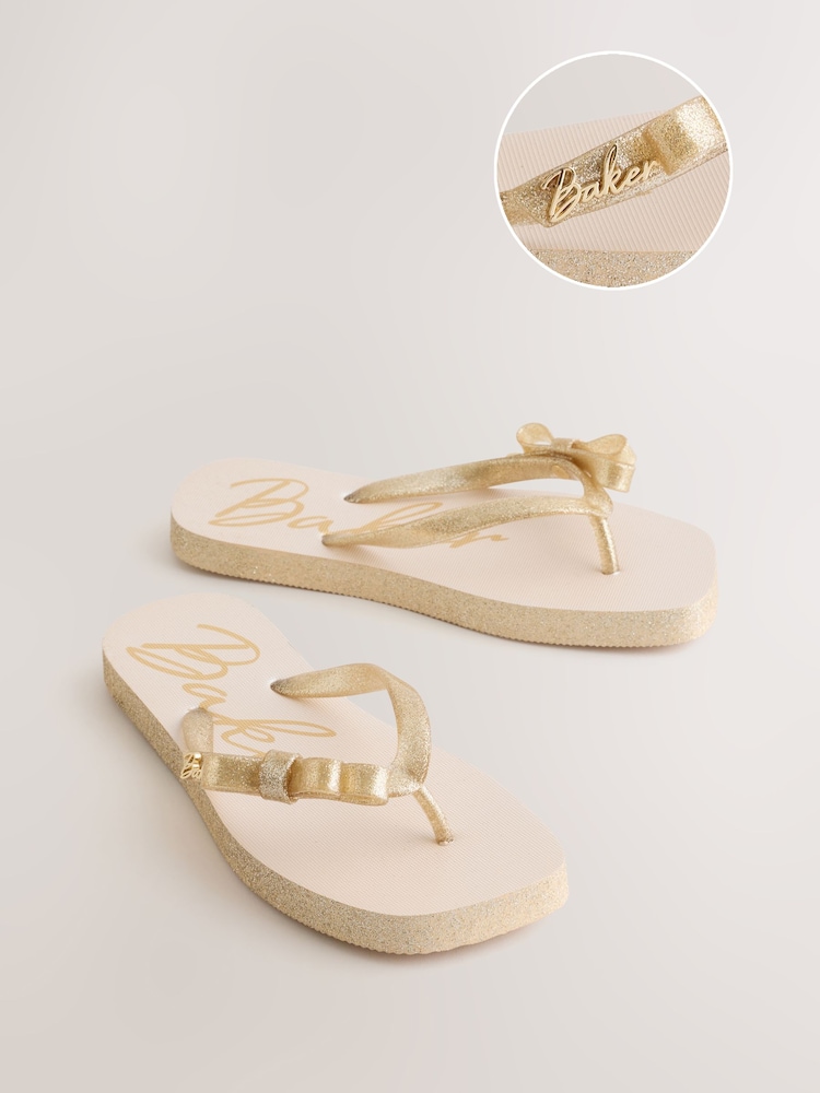 Baker by Ted Baker Gold Charm Square Toe Flip Flops - Image 1 of 5 Baker by Ted Baker Gold Charm Square Toe Flip Flops - Image 1 of 5