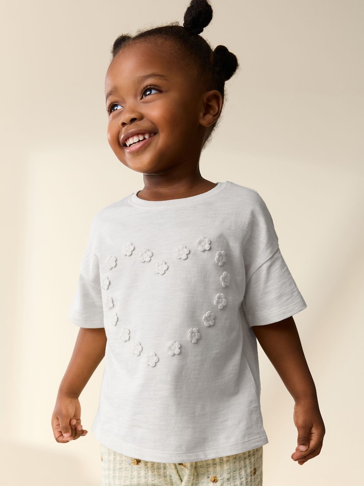 Ecru White Short Sleeve Heart Embroidered Top (3mths-7yrs) - Image 1 of 7