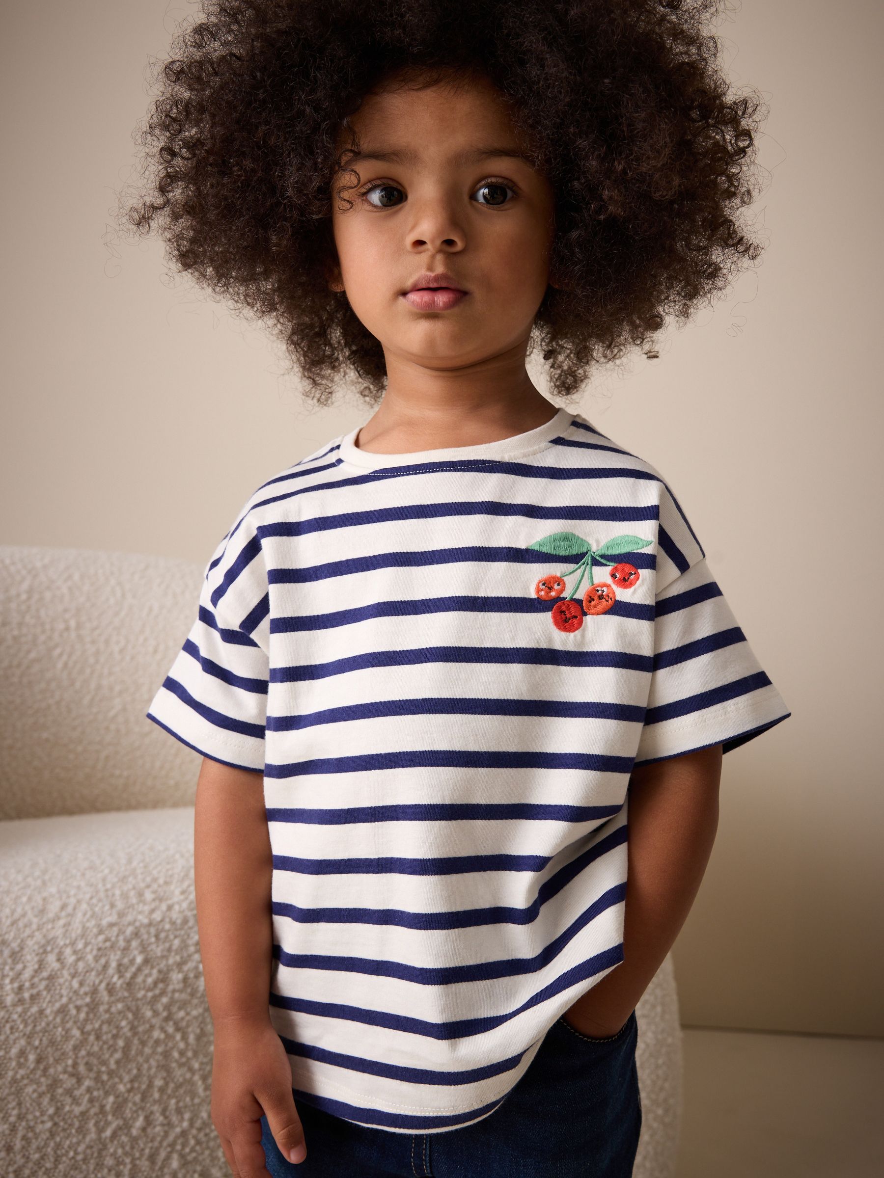 Buy Ecru/Navy Stripe Cherry Short Sleeve Embroidered T-Shirt