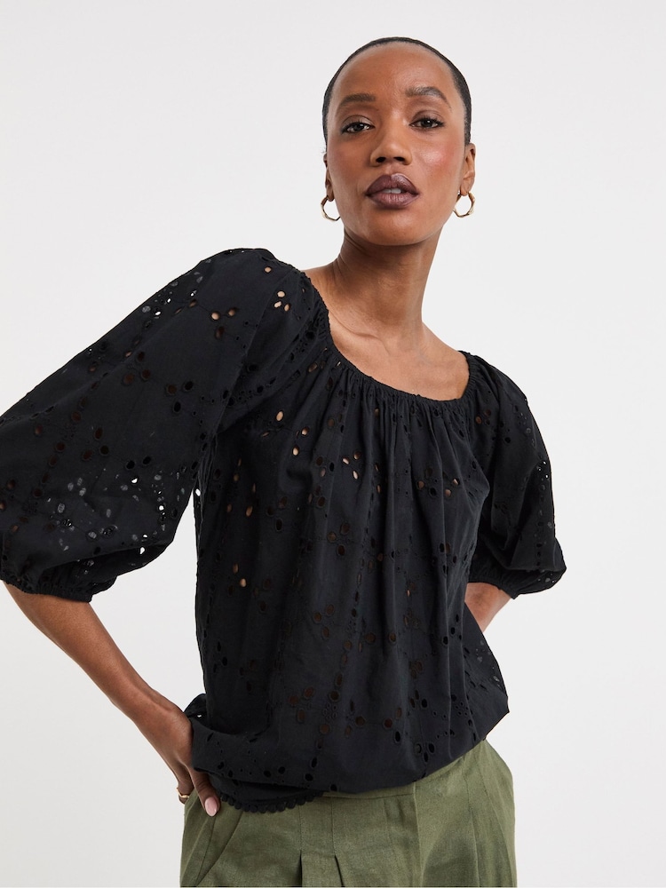 JD Williams Black Broderie Elasticated Neckline 100% Cotton Top - Image 1 of 4