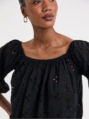 JD Williams Black Broderie Elasticated Neckline 100% Cotton Top - Image 2 of 4