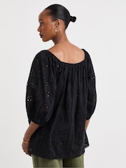 JD Williams Black Broderie Elasticated Neckline 100% Cotton Top - Image 4 of 4