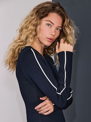 Navy Blue Crew Neck Tipped Mini Dress - Image 5 of 8