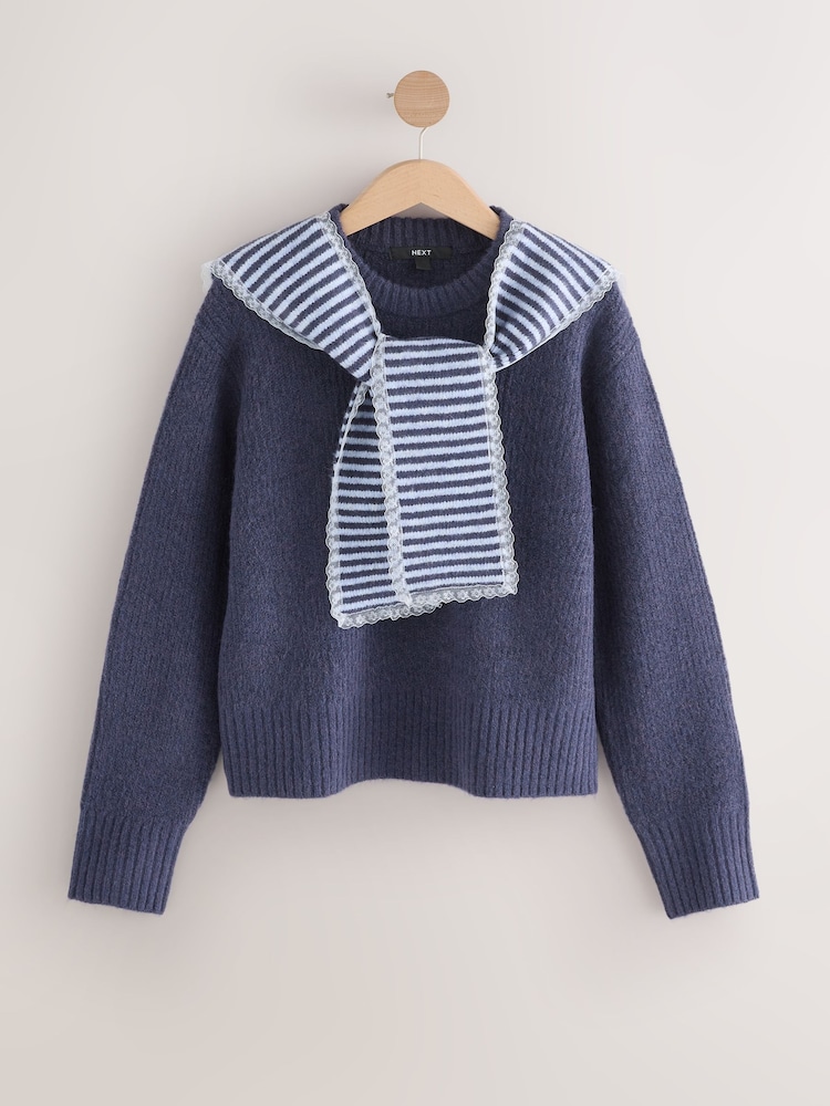 Navy Blue Stripe Scarf Layer Lace Trim Knitted Jumper - Image 1 of 4 Navy Blue Stripe Scarf Layer Lace Trim Knitted Jumper - Image 1 of 4