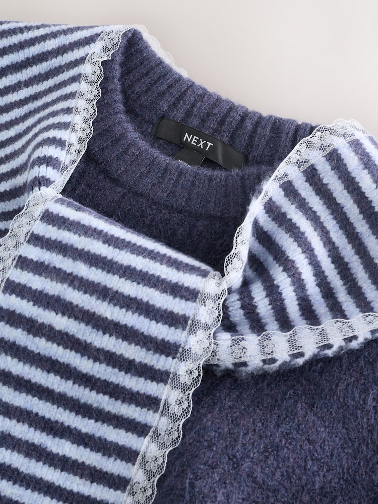 Navy Blue Stripe Scarf Layer Lace Trim Knitted Jumper - Image 2 of 4 Navy Blue Stripe Scarf Layer Lace Trim Knitted Jumper - Image 2 of 4
