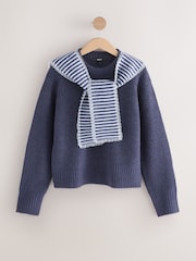 Navy Blue Stripe Scarf Layer Lace Trim Knitted Jumper - Image 5 of 8