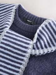 Navy Blue Stripe Scarf Layer Lace Trim Knitted Jumper - Image 6 of 8