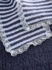 Navy Blue Stripe Scarf Layer Lace Trim Knitted Jumper - Image 7 of 8