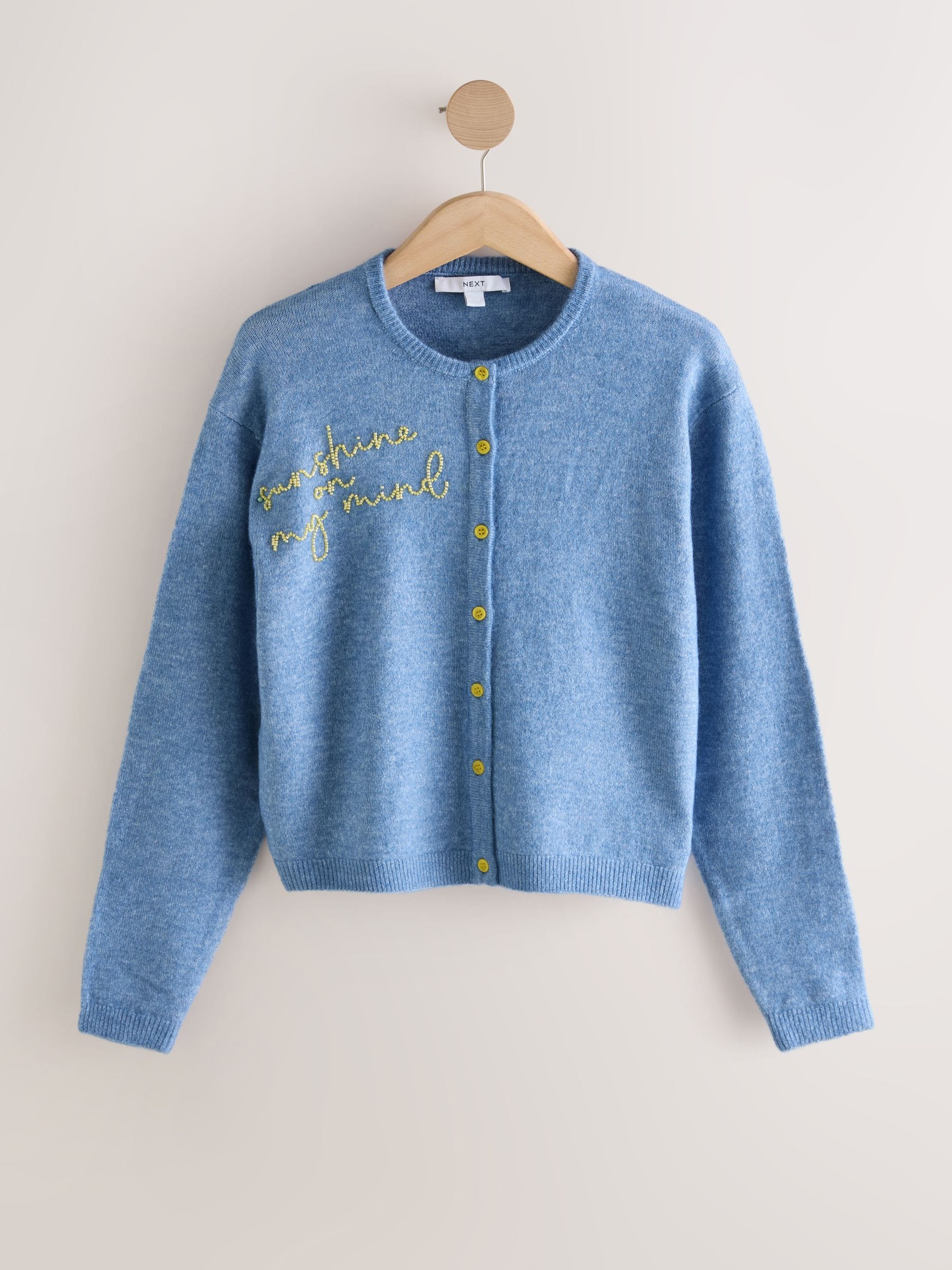 Next：日本 シャンブレー ブルー 装飾付き - クルーネック ニット