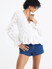 River Island White Broderie Long Sleeve 100% Cotton Corset Blouse - Image 1 of 4