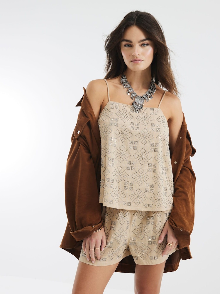 River Island Natural Embroidered 100% Cotton Cami Top - Image 1 of 4