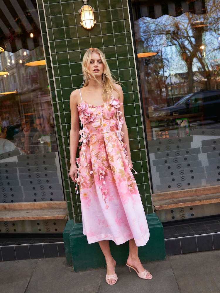River Island Pink Premium 3D Floral Print Midi Dress - Image 1 of 6 River Island Pink Premium 3D Floral Print Midi Dress - Image 1 of 6