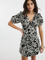 River Island Black Puff Sleeve Floral Print 100% Cotton Mini Dress - Image 2 of 4
