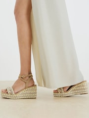 River Island Cream Raffia Embellished Wedge Sandals - Image 1 of 6