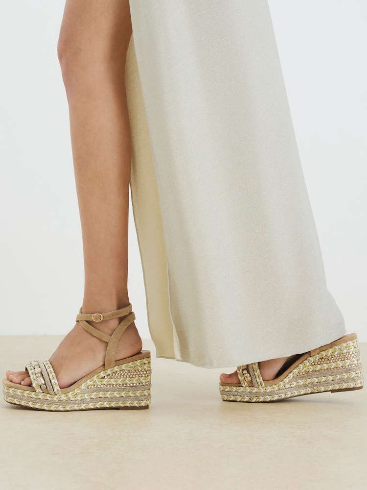 River Island Cream Raffia Embellished Wedge Sandals - Image 1 of 6