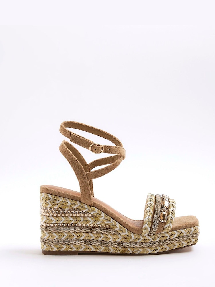 Buy River Island Cream Raffia Embellished Wedge Sandals from Next