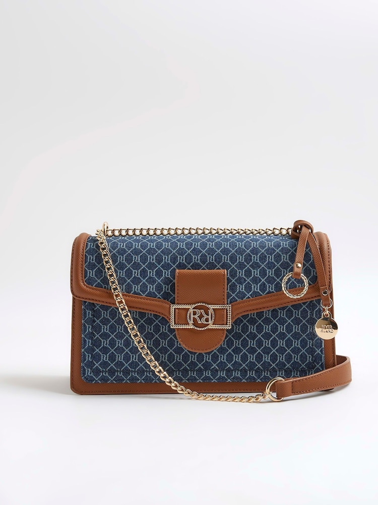 River Island Blue Monogram Denim Shoulder Bag - Image 1 of 5 River Island Blue Monogram Denim Shoulder Bag - Image 1 of 5