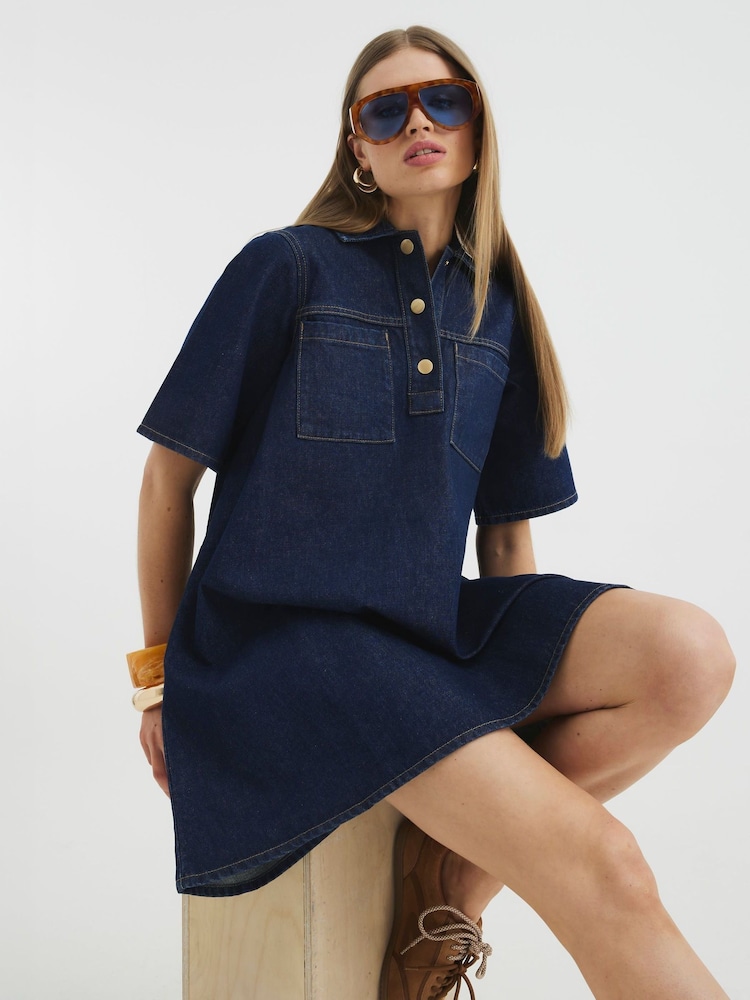 River Island Blue Shirt Collar 100% Cotton Dress - Image 4 of 6