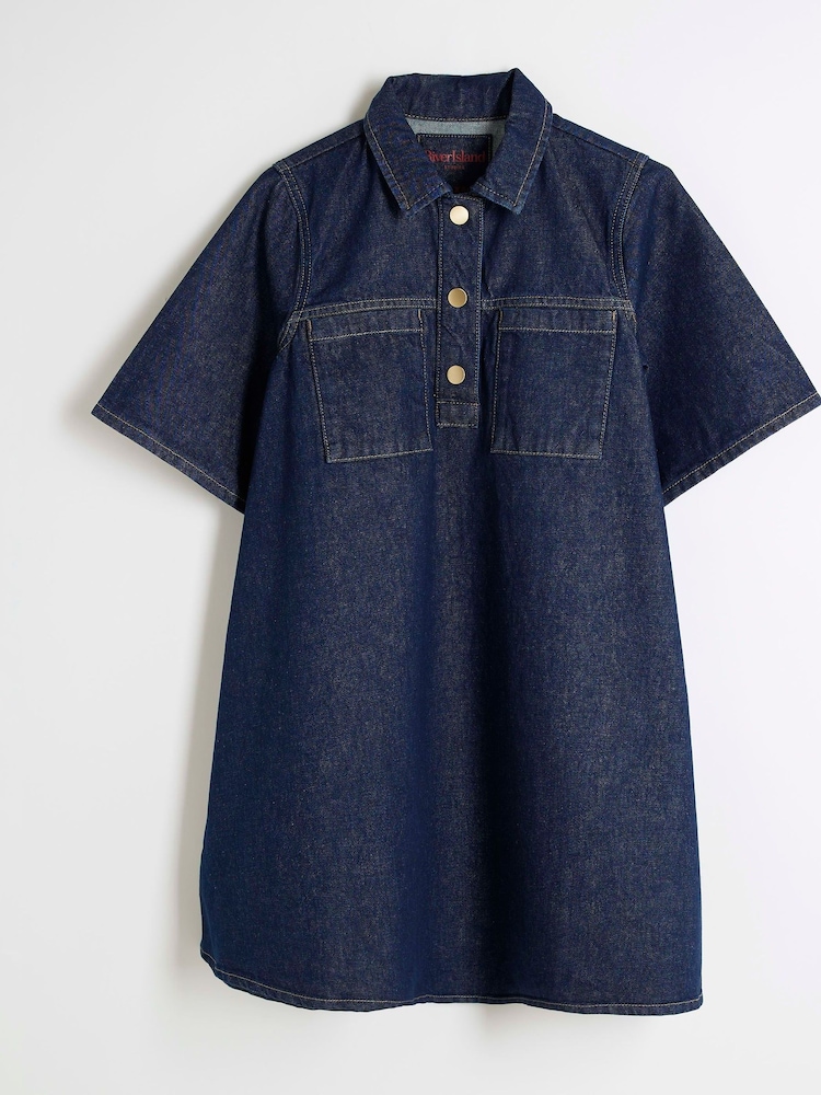 River Island Blue Shirt Collar 100% Cotton Dress - Image 5 of 6