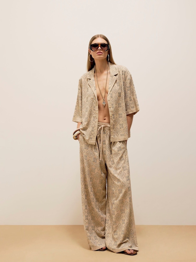River Island Natural Stud Embellished 100% Cotton Trousers - Image 1 of 4
