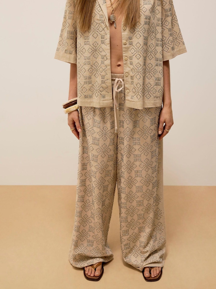 River Island Natural Stud Embellished 100% Cotton Trousers - Image 2 of 4
