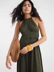 River Island Green Halter Neck Shirred Maxi Dress - Image 1 of 4
