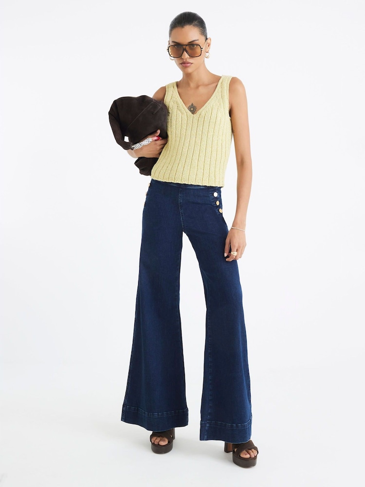 River Island Blue High Rise Button Palazzo Jeans - Image 1 of 4